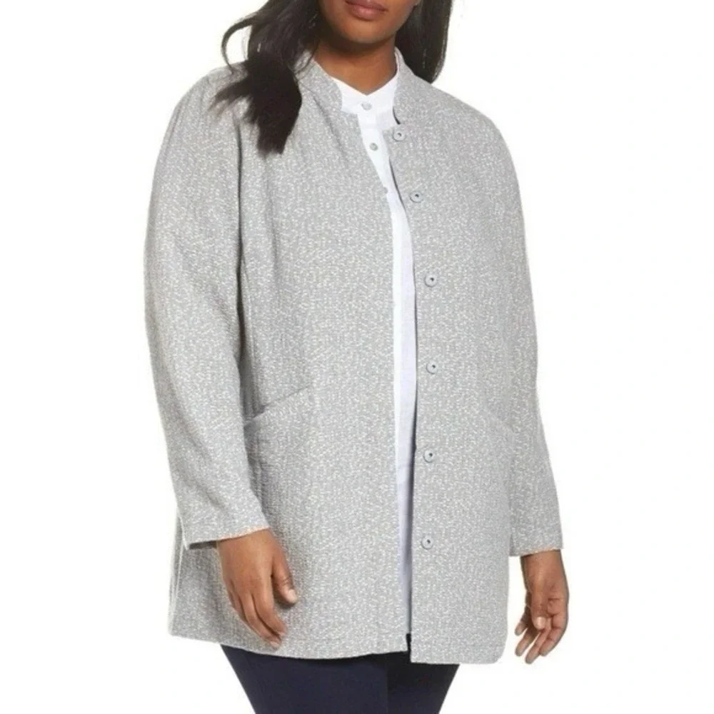 Eileen Fisher Pearl Textural Cotton Tencel Stretch Stand Collar Jacket‎ L